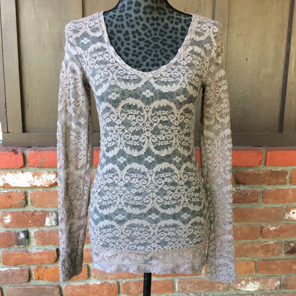 BKE Boutique Beige/Taupe Lace Long Sleeve Shirt  - Size Small